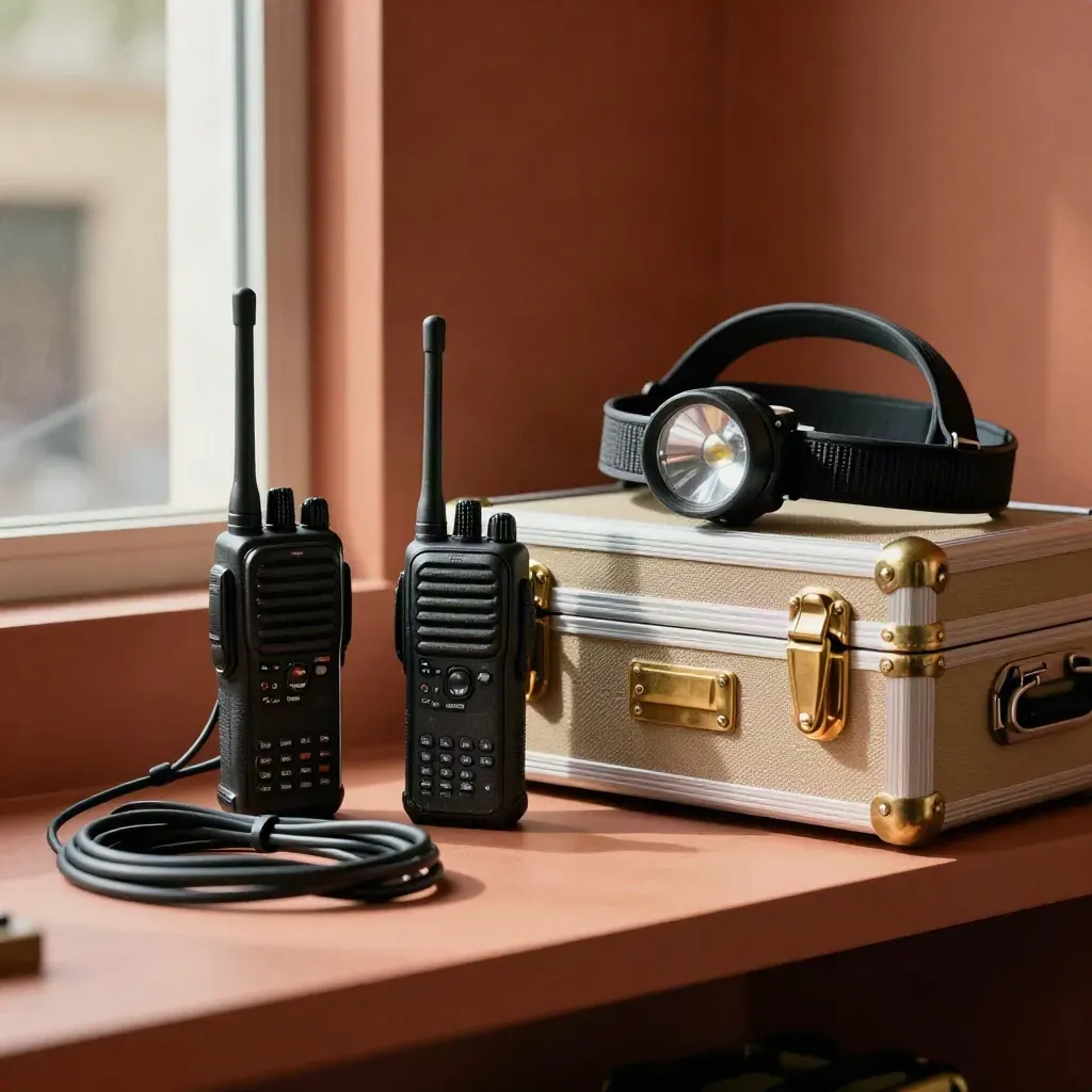 Radios, battery pack, headlamp, and utility cases on a terracotta shelf in warm window light.