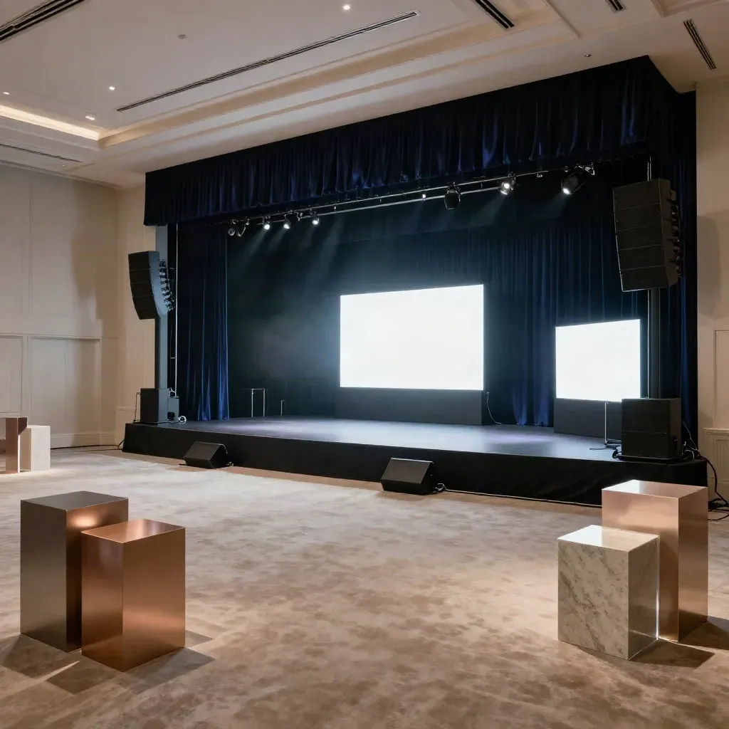 Empty Dallas ballroom launch stage with AV towers, plinths, and haze-lit navy accents.