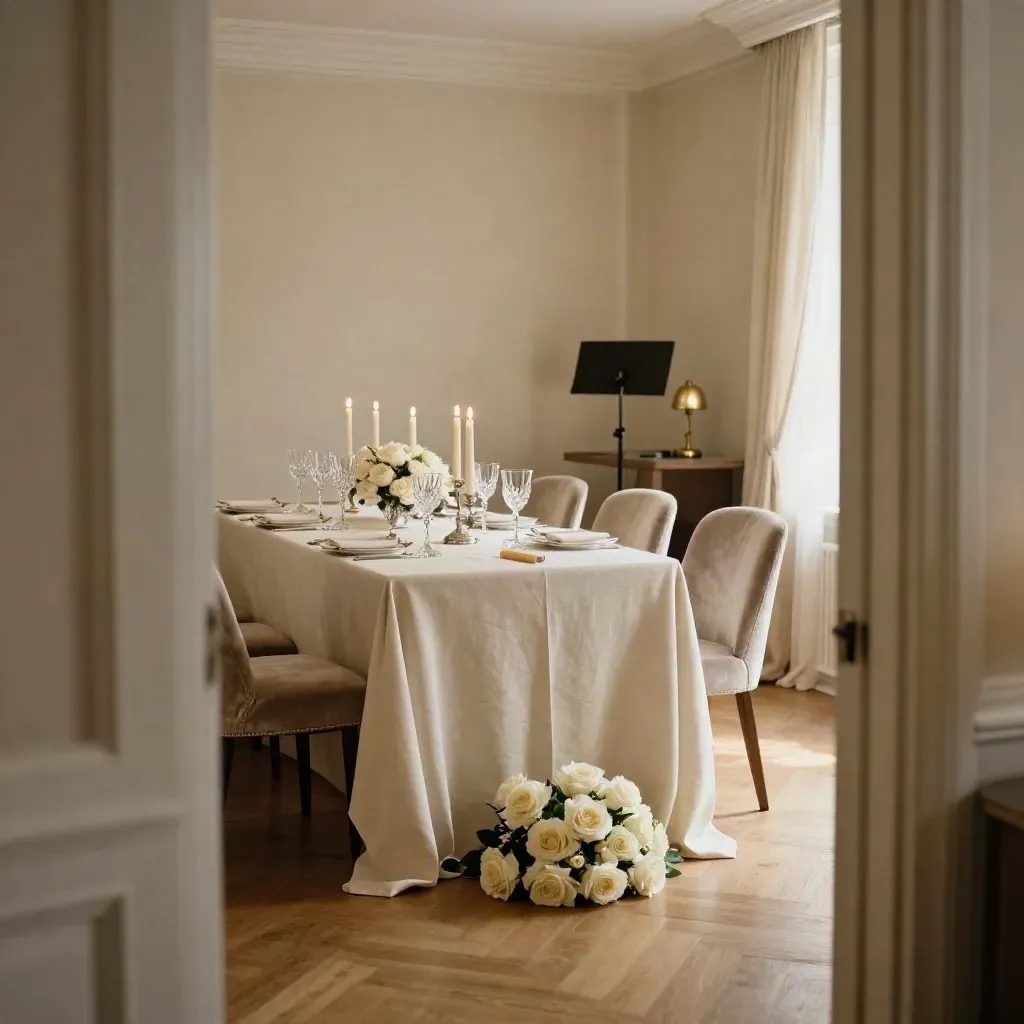 Empty anniversary dining room set with candles, silverware, and a quartet nook