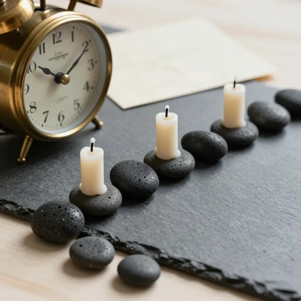 Brass clock, three candles, and black pebbles aligned on graphite in a clean top-down still life.