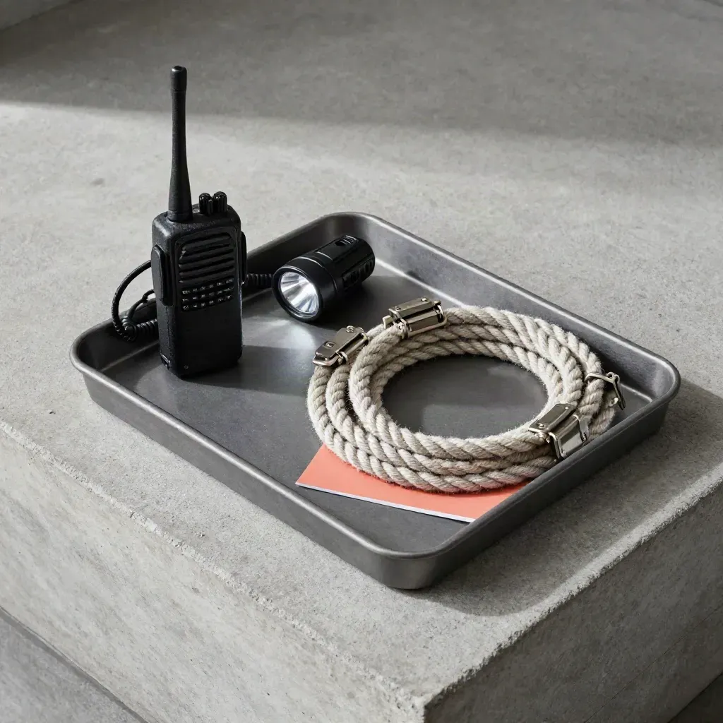 Overhead flatlay of event-day toolkit items on concrete with coral accent