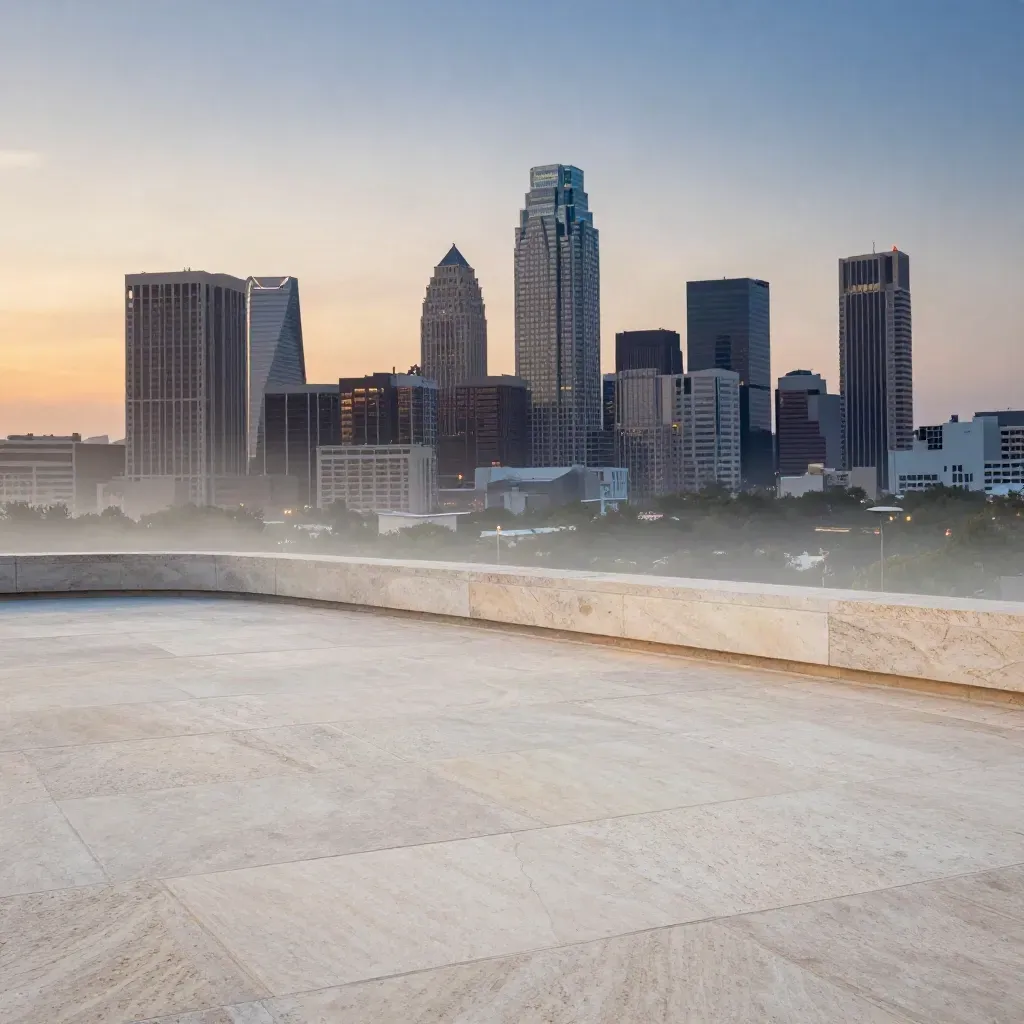 Austin skyline above a hazy limestone overlook at blue hour