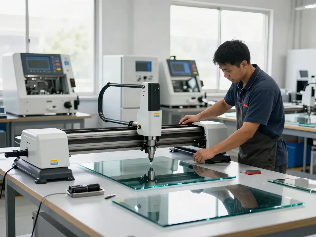 Eworld Machine technician operating advanced glass cutting machinery in a modern workshop.